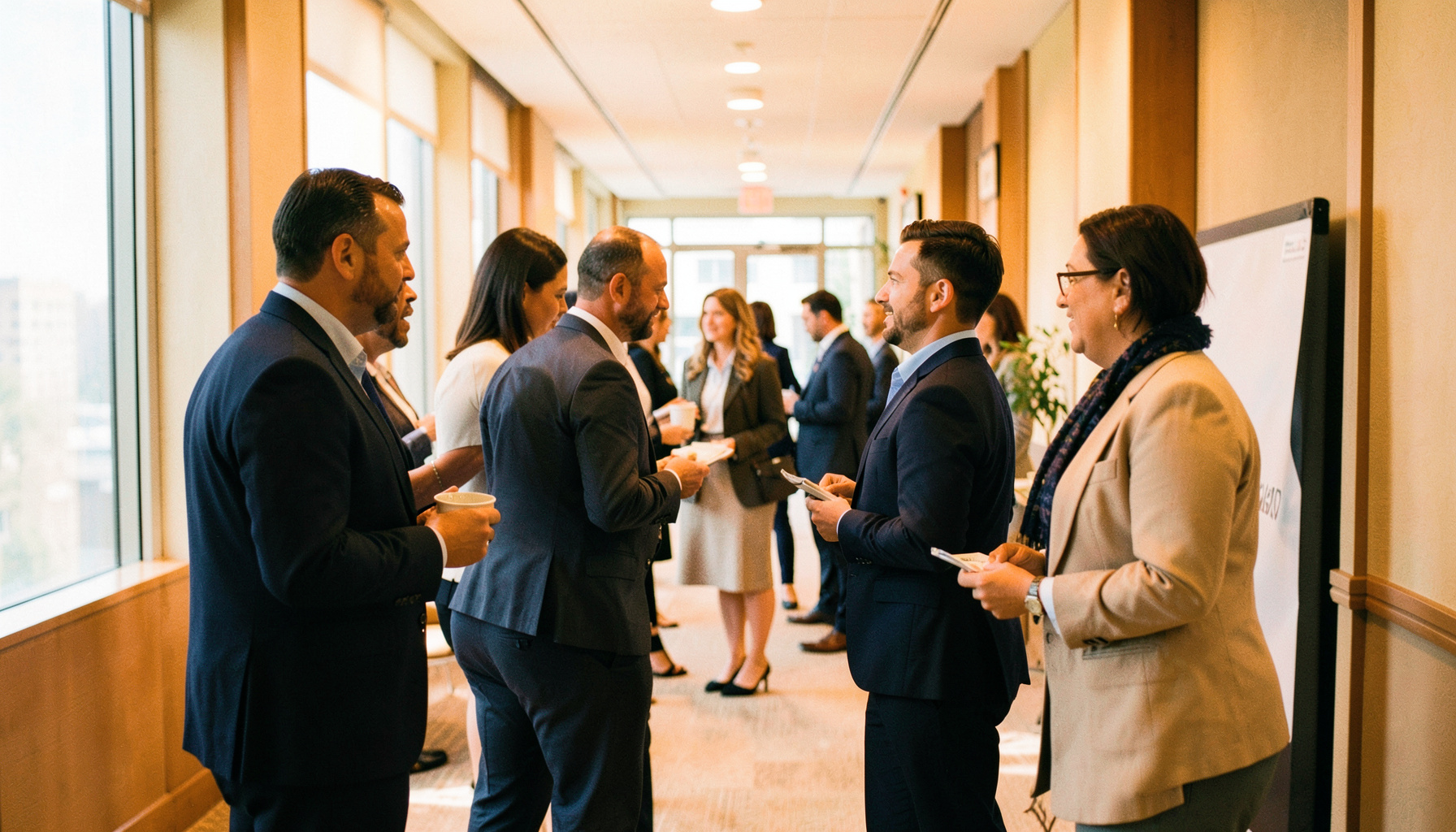 A candid documentary photograph of paralegal professionals networking in a bright hotel conference hallway, warm neutral tones with navy and beige attire